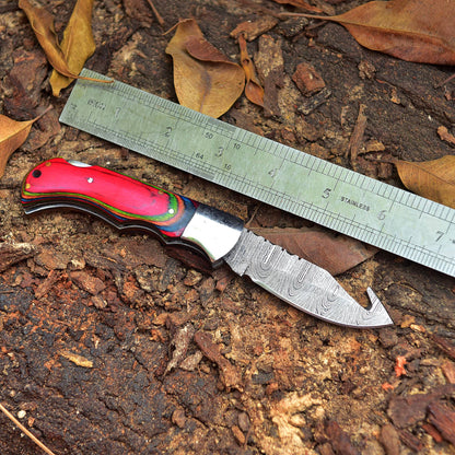 Handmade Damascus Back Lock Folding Gut Hook Blade Hunting Pocket Knife