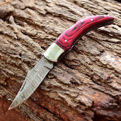 Custom Handmade Damascus Steel Back Lock Pocket Camping Knife With Sheath