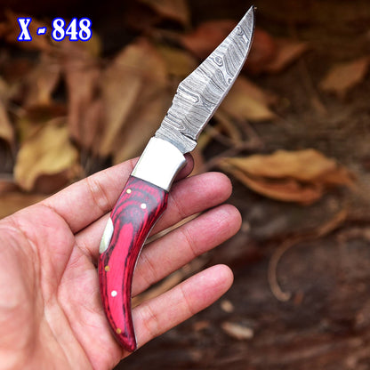 Custom Handmade Damascus Steel Back Lock Pocket Camping Knife With Sheath