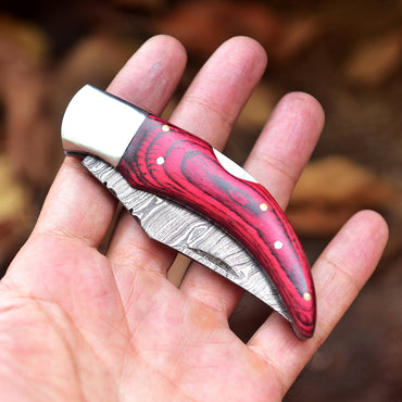 7" Handmade Damascus Pocket Knife - Folding Pocket Knife - Red Black PakkaWood Handle