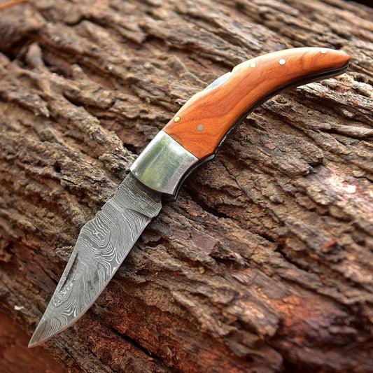 Handmade Damascus Pocket Knife Back Lock Folding Knife Wood Handle