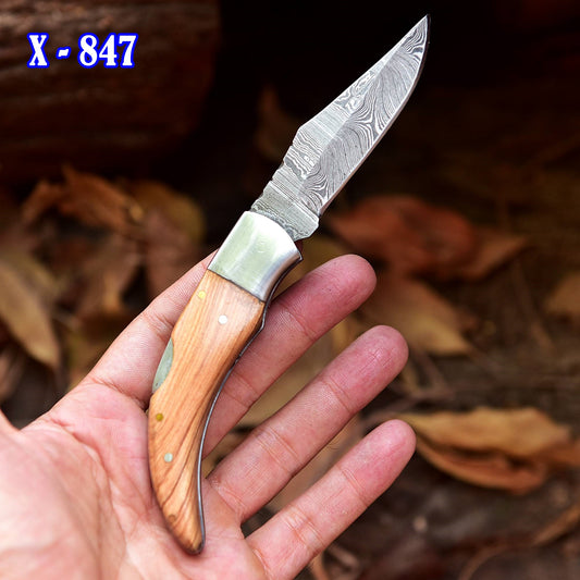 7" Handmade Damascus Pocket Knife - Folding Back Lock Knife - Ash Wood Handle