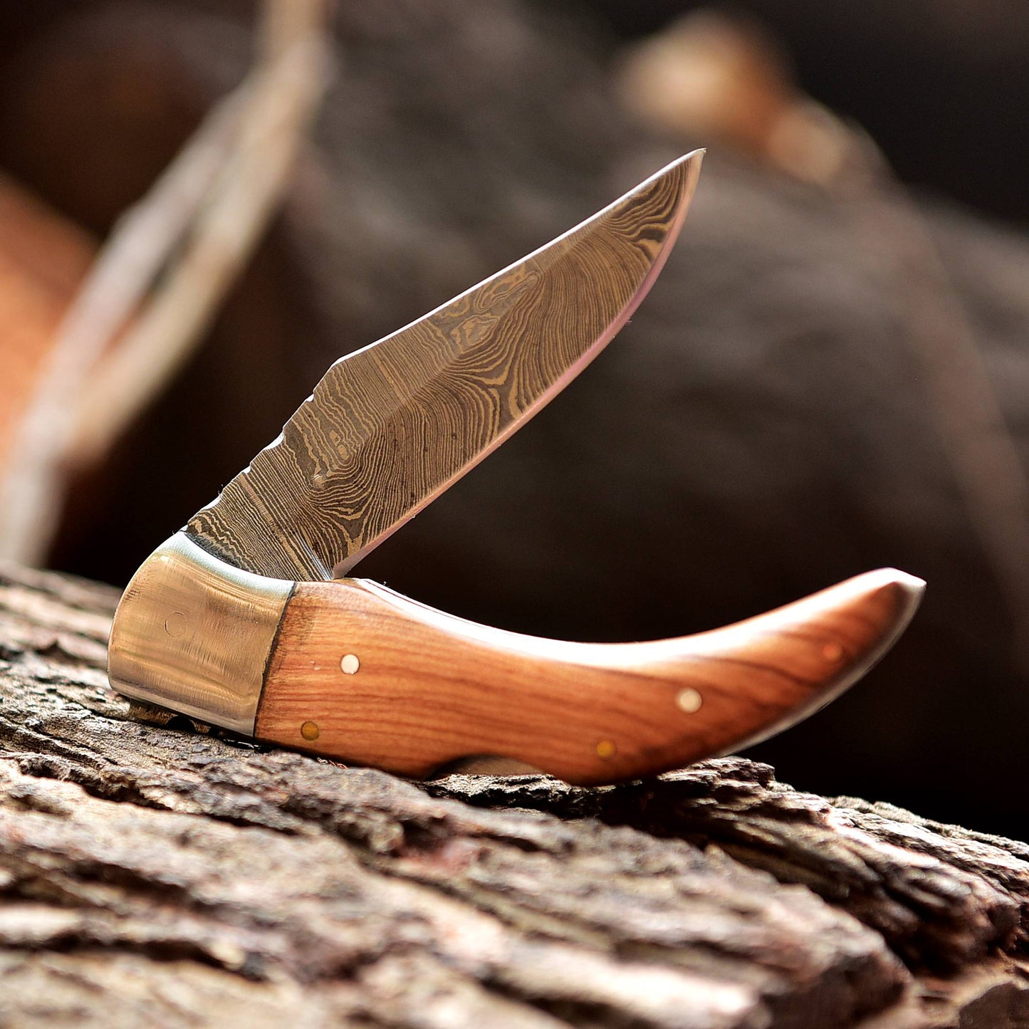 Handmade Damascus Pocket Knife Back Lock Folding Knife Wood Handle