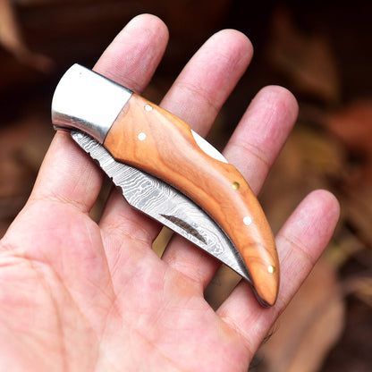 Handmade Damascus Pocket Knife Back Lock Folding Knife Wood Handle