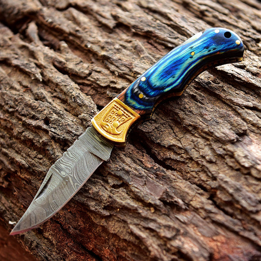 Handmade Damascus Steel Pocket Folding Blade Hunting Knife With Sheath