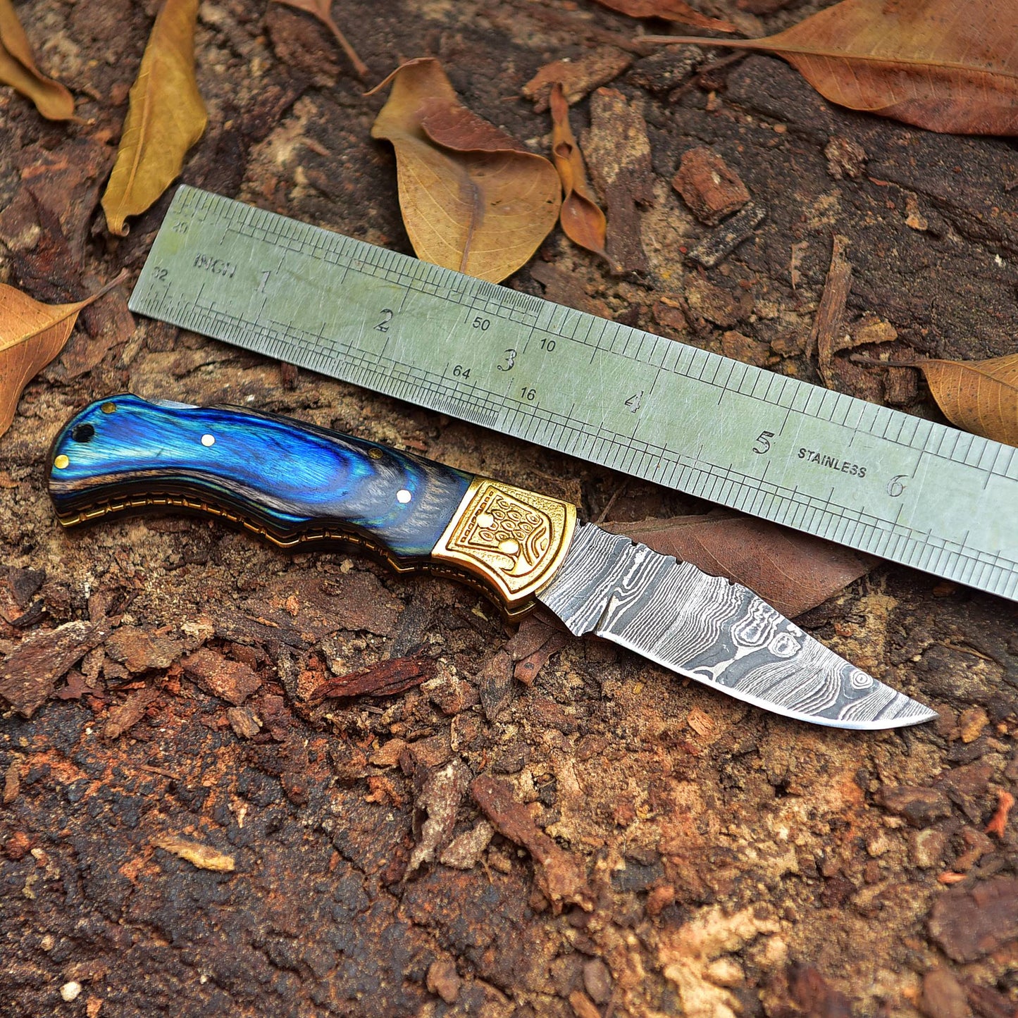 Handmade Damascus Steel Pocket Folding Blade Hunting Knife With Sheath