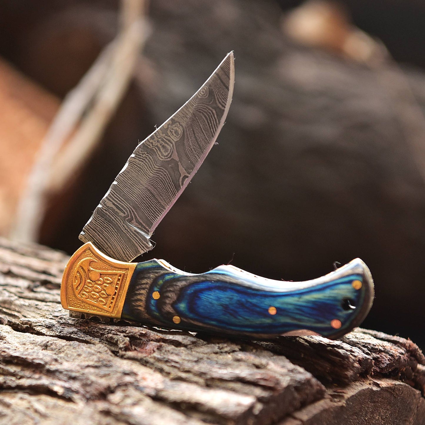 Handmade Damascus Steel Pocket Folding Blade Hunting Knife With Sheath