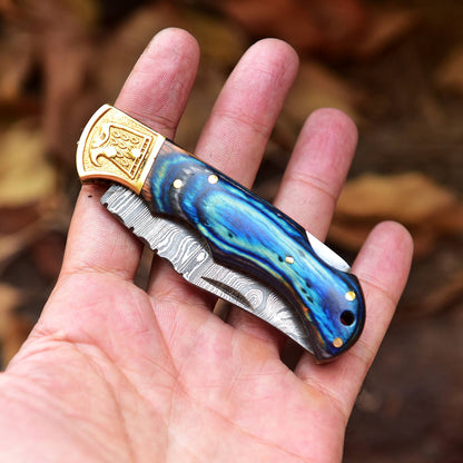Handmade Damascus Steel Pocket Folding Blade Hunting Knife With Sheath