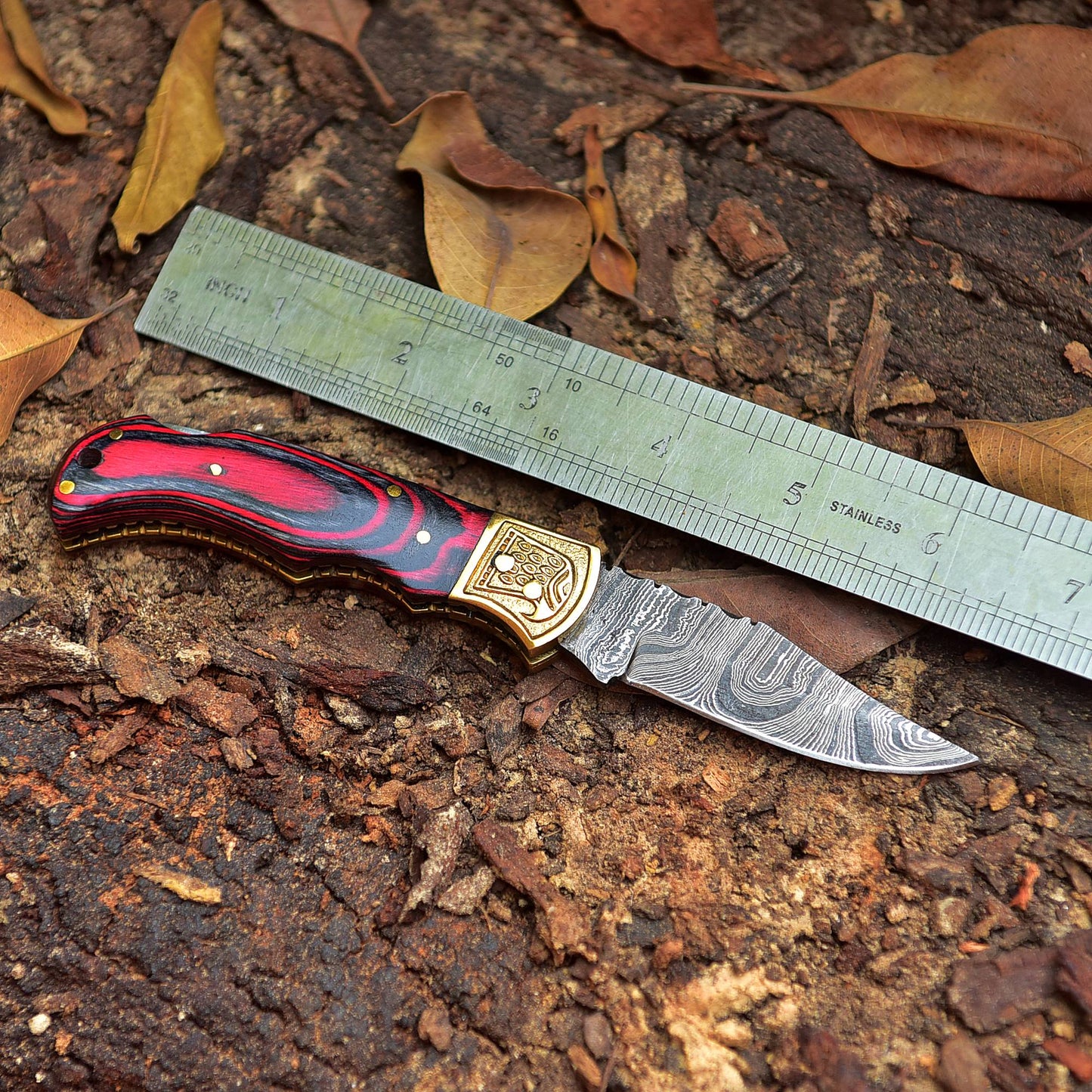 Custom Hand Forged Damascus Steel Folding Knife Wood Handle With Sheath