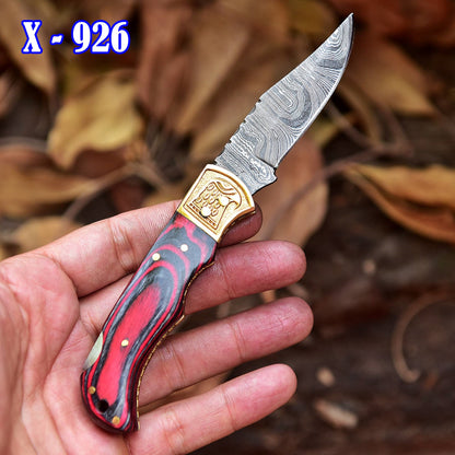 Custom Hand Forged Damascus Steel Folding Knife Wood Handle With Sheath