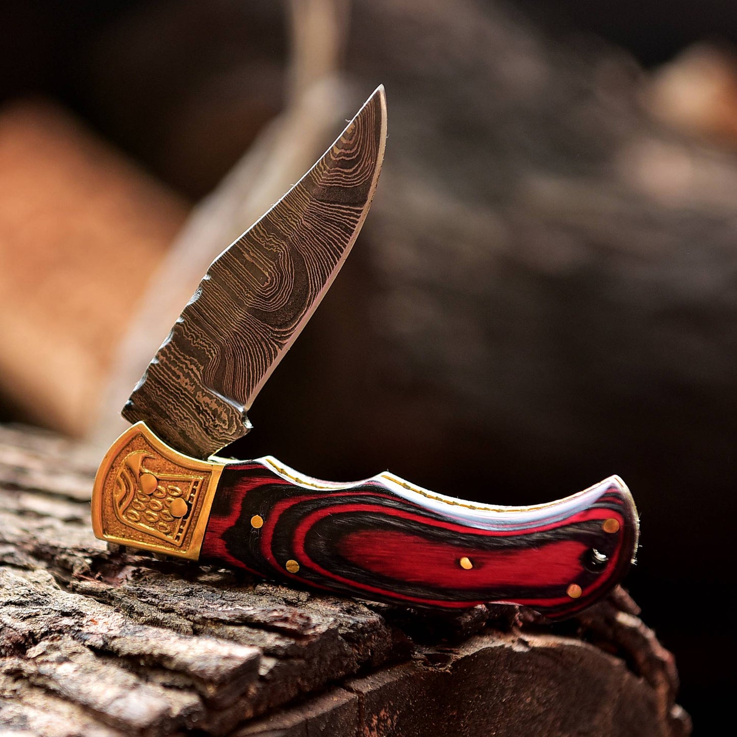 Custom Hand Forged Damascus Steel Folding Knife Wood Handle With Sheath