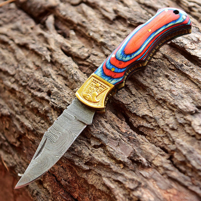 Handmade Damascus Folding Pocket Back Lock Camping Knife Wood Handle