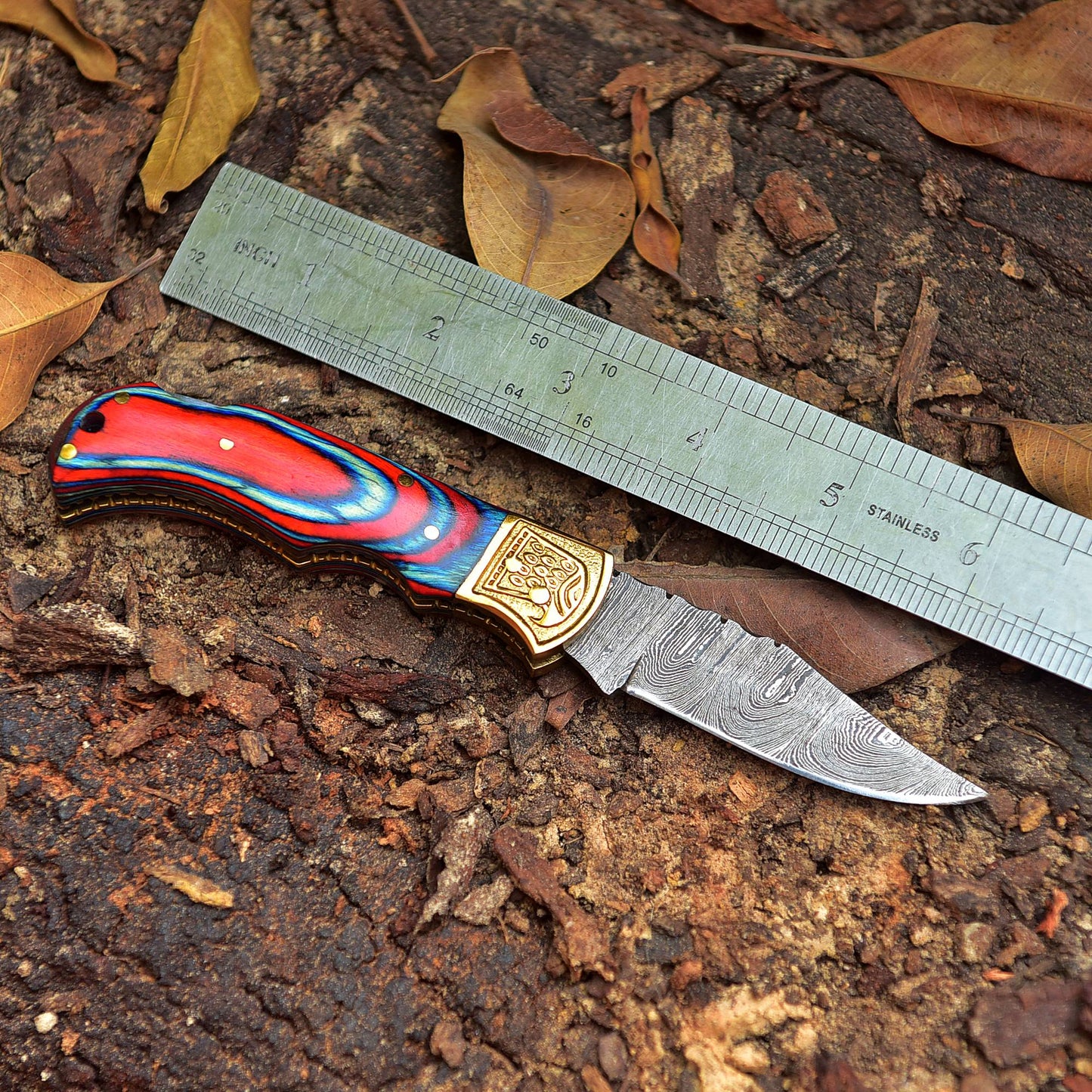 Handmade Damascus Folding Pocket Back Lock Camping Knife Wood Handle