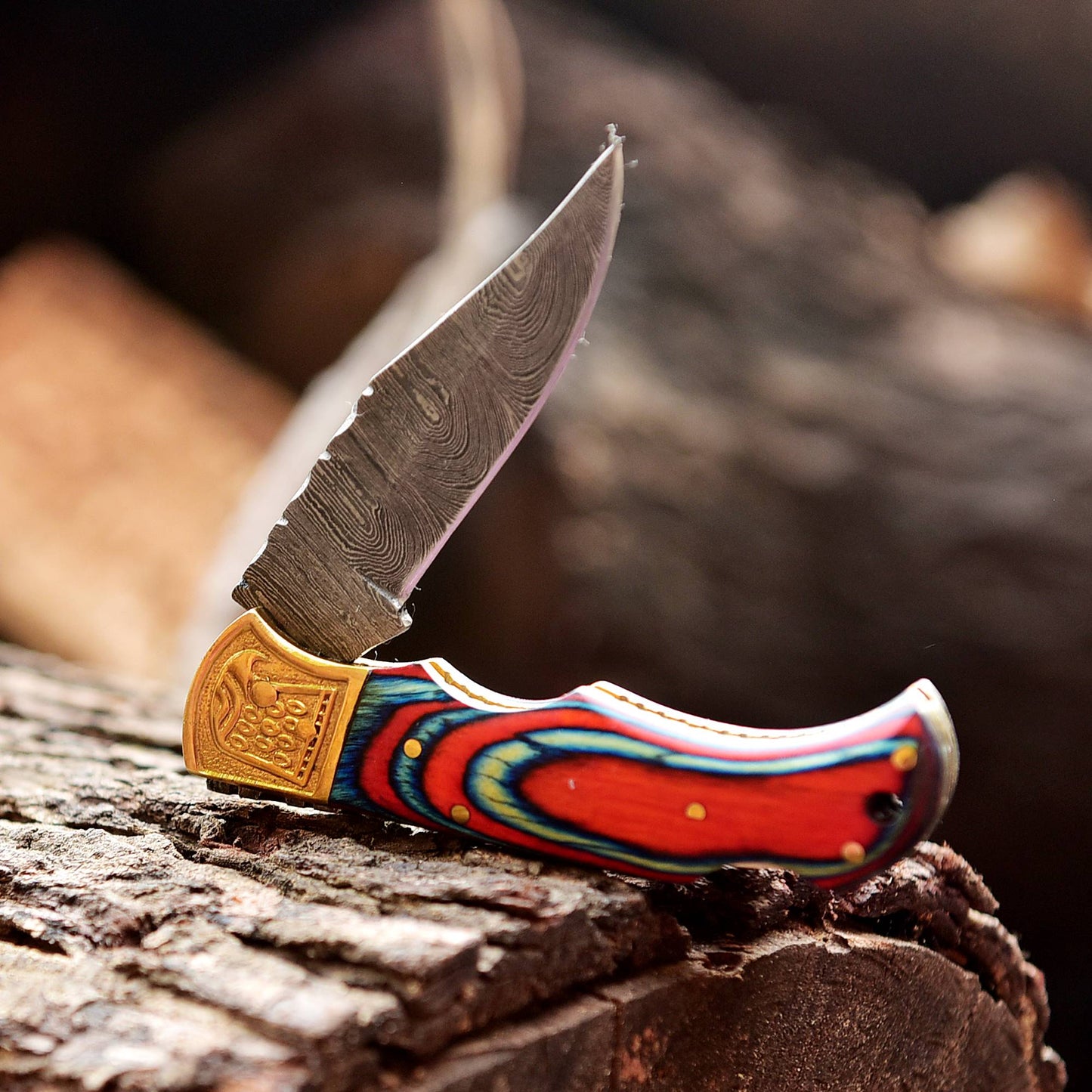 Handmade Damascus Folding Pocket Back Lock Camping Knife Wood Handle