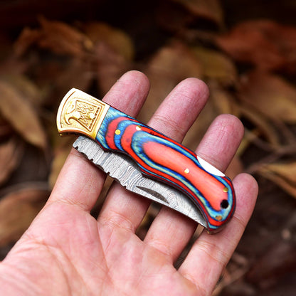 Handmade Damascus Folding Pocket Back Lock Camping Knife Wood Handle