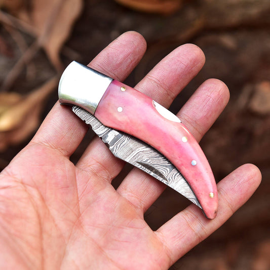 7" Handmade Damascus Steel Pocket Knife - Folding Blade Knife - Bone Handle - Pink