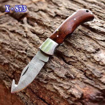 Handmade Damascus Outdoor Camping Folding Gut Hook Blade Pocket Knife