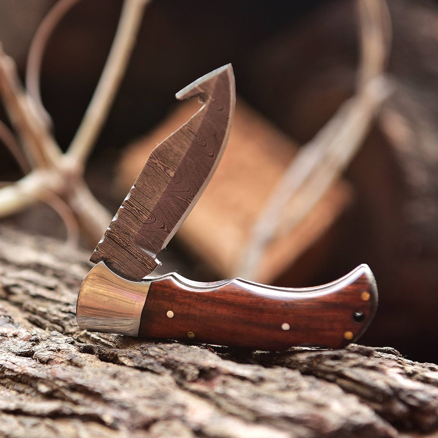 Handmade Damascus Outdoor Camping Folding Gut Hook Blade Pocket Knife