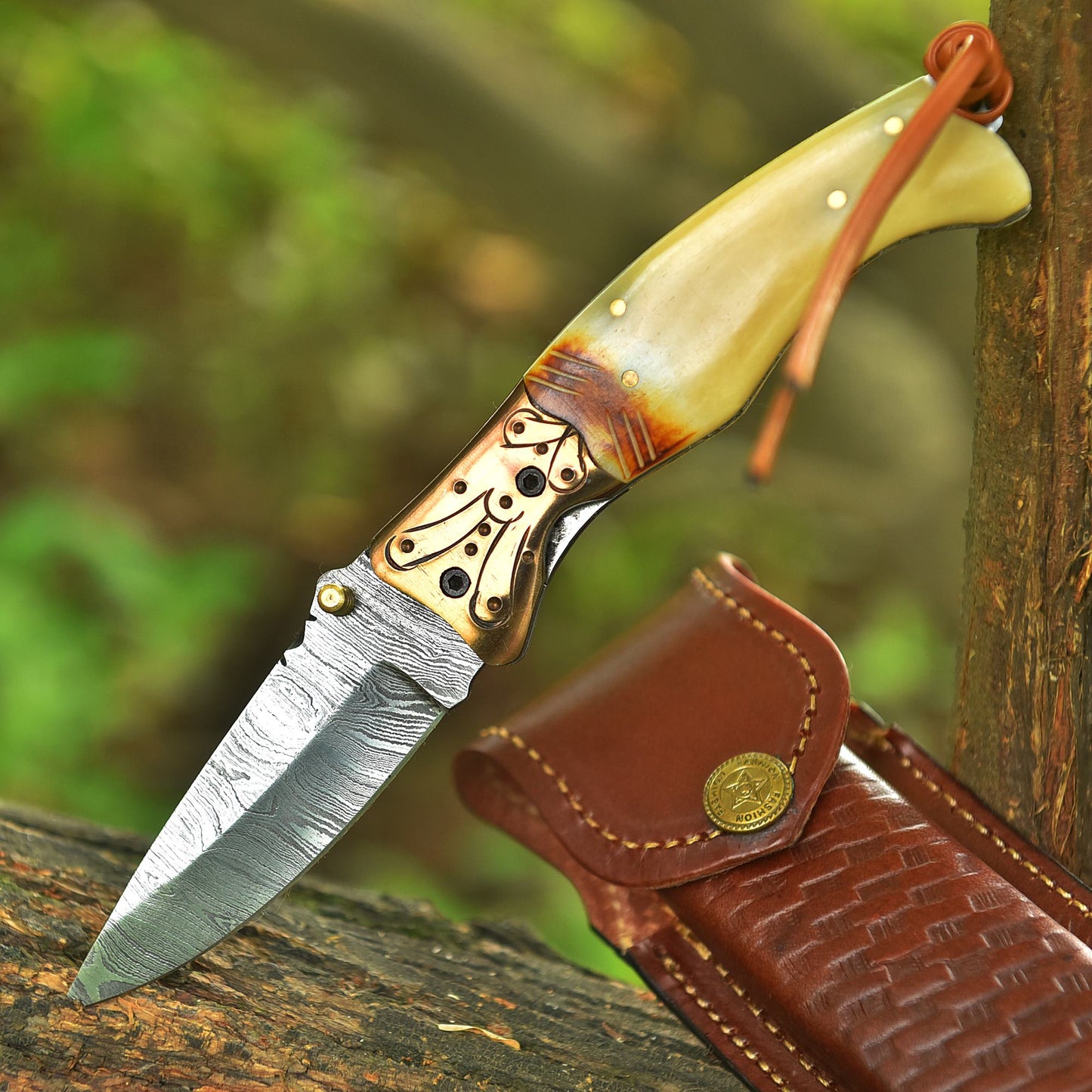 Handcrafted Folding Blade Knife Camel Bone Engraved Brass Bolster Handle