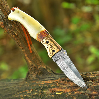 Handcrafted Folding Blade Knife Camel Bone Engraved Brass Bolster Handle