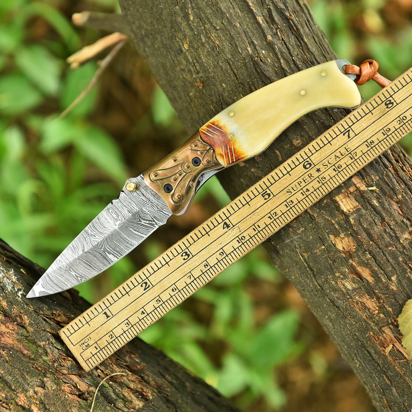 Handcrafted Folding Blade Knife Camel Bone Engraved Brass Bolster Handle