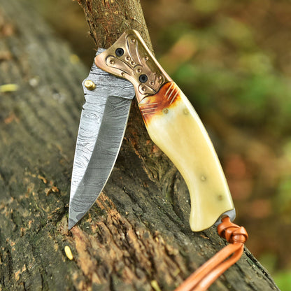 Handcrafted Folding Blade Knife Camel Bone Engraved Brass Bolster Handle