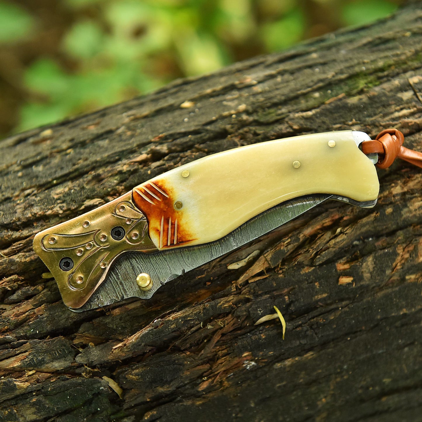 Handcrafted Folding Blade Knife Camel Bone Engraved Brass Bolster Handle