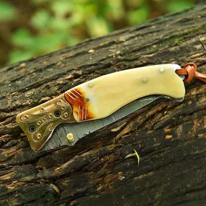 Handcrafted Folding Blade Knife Camel Bone Engraved Brass Bolster Handle