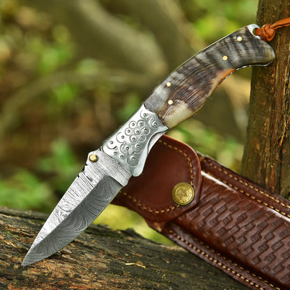 Collector’s Handmade Folding Pocket Knife Ram Horn Handle With Sheath