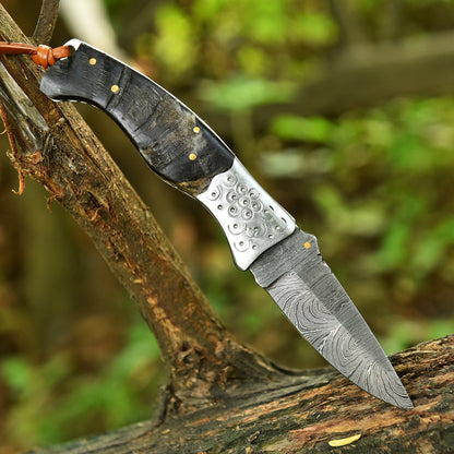 Collector’s Handmade Folding Pocket Knife Ram Horn Handle With Sheath