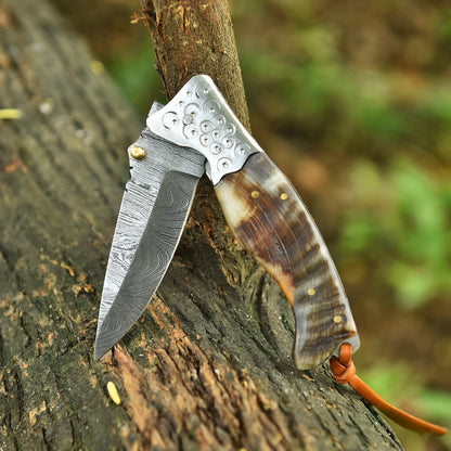 Collector’s Handmade Folding Pocket Knife Ram Horn Handle With Sheath