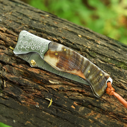 Collector’s Handmade Folding Pocket Knife Ram Horn Handle With Sheath
