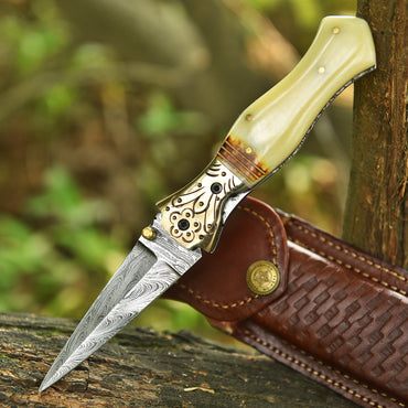 Handmade Damascus Double Edge Dagger Blade Pocket Knife Camel Bone Handle