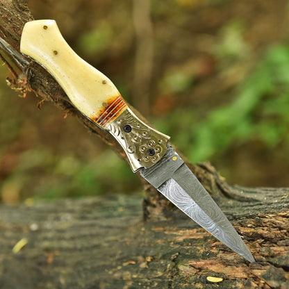Handmade Damascus Double Edge Dagger Blade Pocket Knife Camel Bone Handle