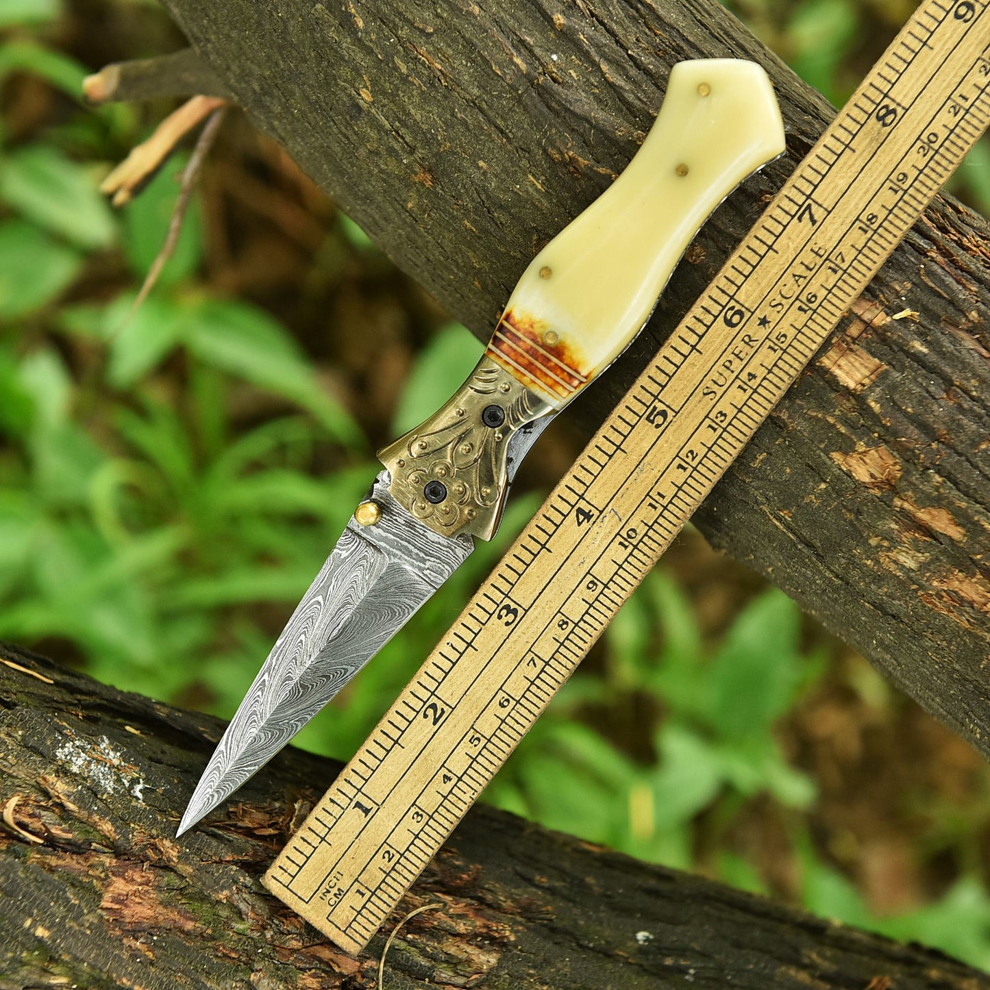 Handmade Damascus Double Edge Dagger Blade Pocket Knife Camel Bone Handle