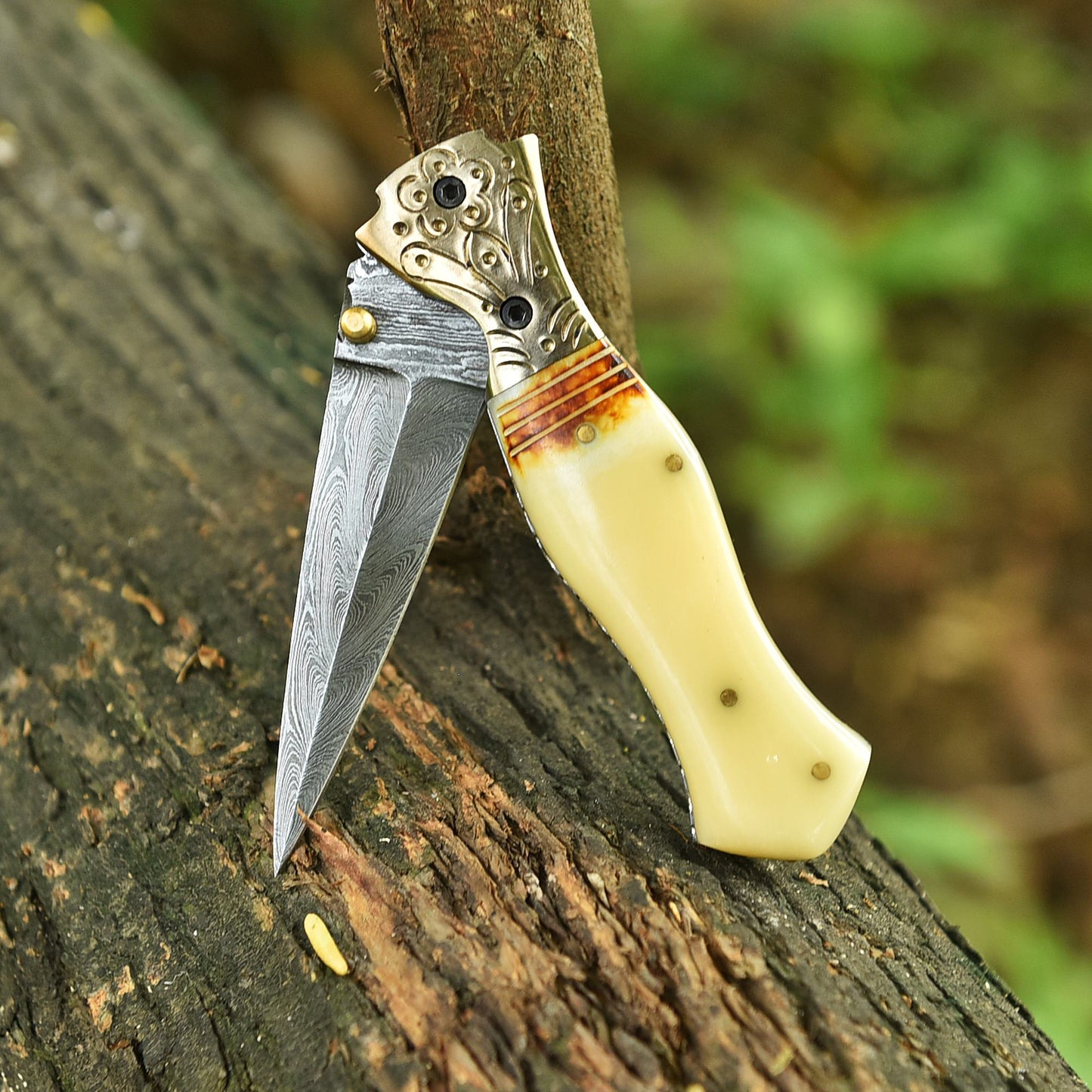 Handmade Damascus Double Edge Dagger Blade Pocket Knife Camel Bone Handle