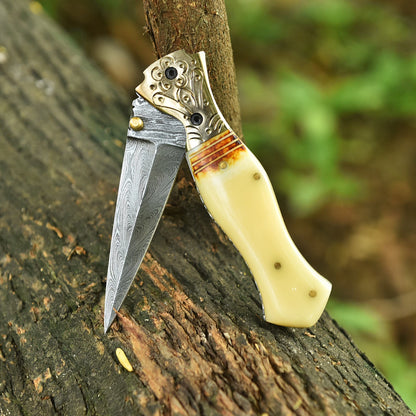 Handmade Damascus Double Edge Dagger Blade Pocket Knife Camel Bone Handle