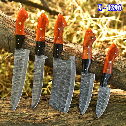 The Orange Resin | Damascus Steel 5 Piece Chef Knife Set Kitchen Knives Set