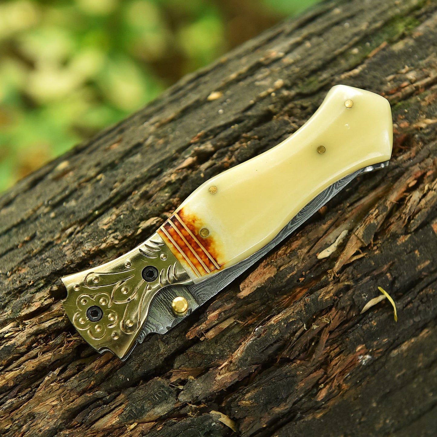 Handmade Damascus Double Edge Dagger Blade Pocket Knife Camel Bone Handle