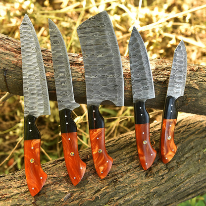 The Orange Resin | Damascus Steel 5 Piece Chef Knife Set Kitchen Knives Set