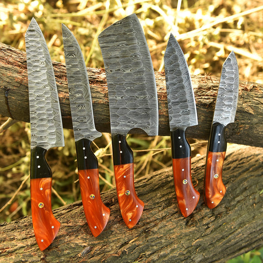 The Orange Resin | Damascus Steel 5 Piece Chef Knife Set Kitchen Knives Set