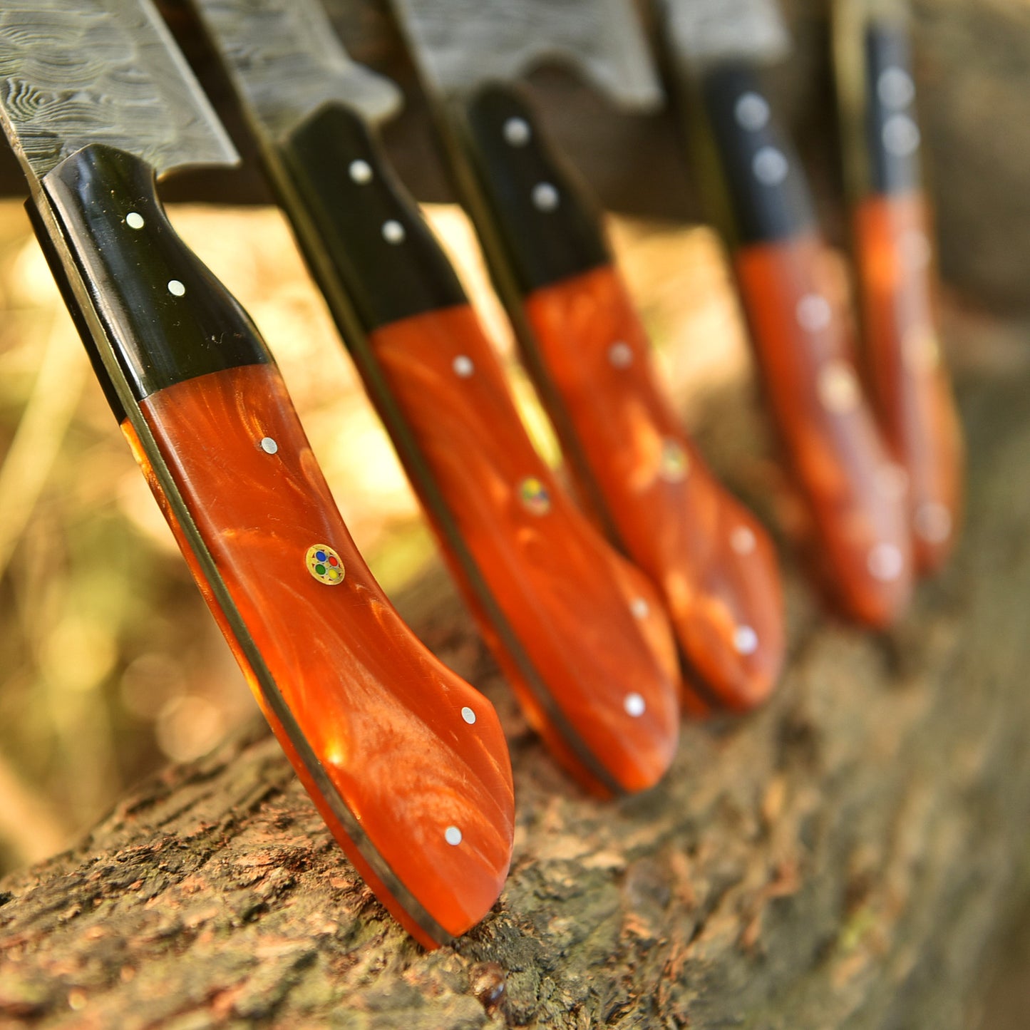 The Orange Resin | Damascus Steel 5 Piece Chef Knife Set Kitchen Knives Set