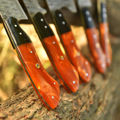 The Orange Resin | Damascus Steel 5 Piece Chef Knife Set Kitchen Knives Set