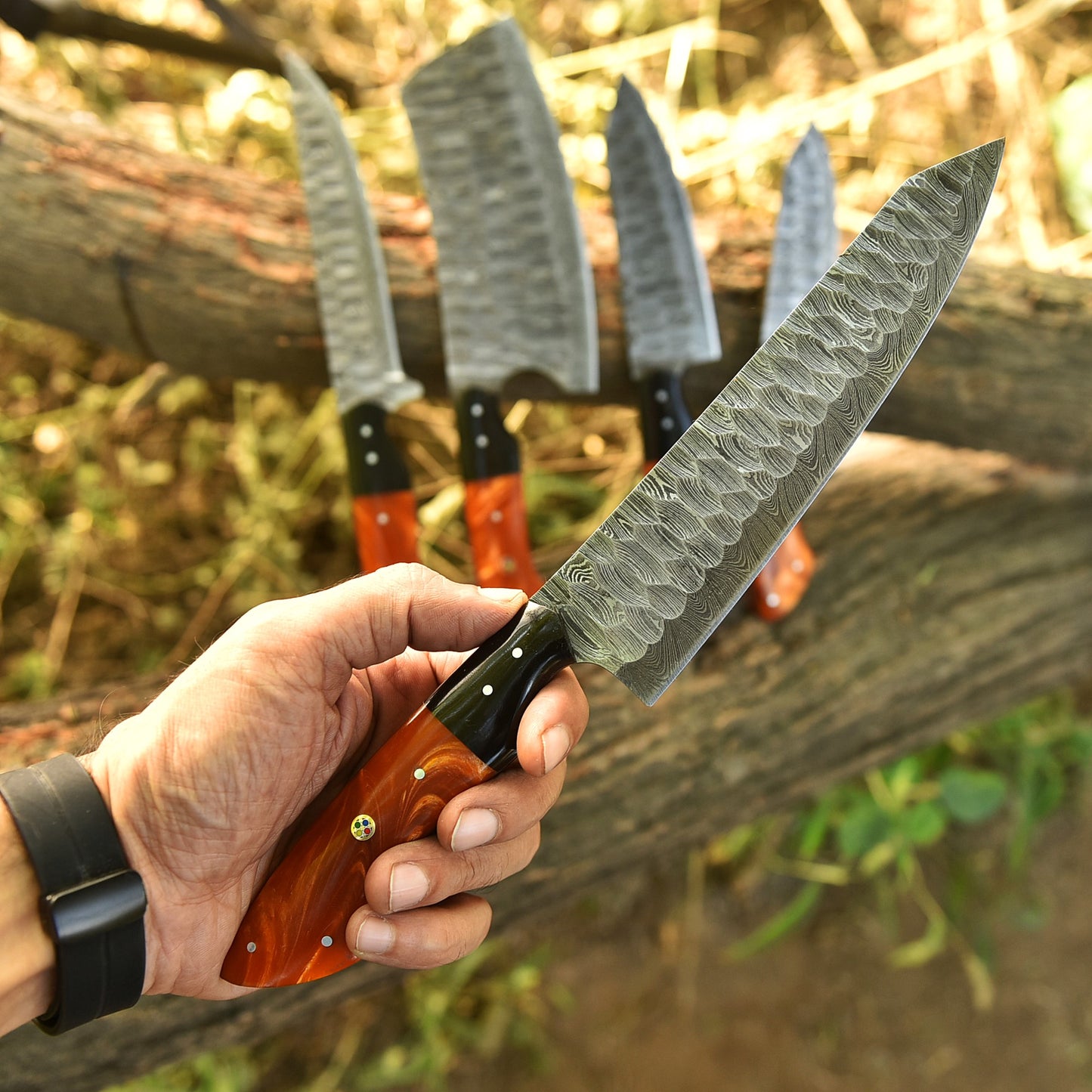 The Orange Resin | Damascus Steel 5 Piece Chef Knife Set Kitchen Knives Set