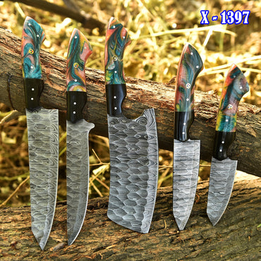 The Resin | Handmade Damascus Steel 5 Piece Chef Knife Set Kitchen Knives Set