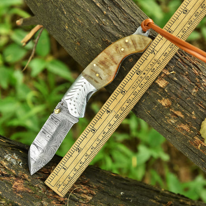 Adventure Hand Forged Damascus Folding Hunting Knife Ram Horn Handle