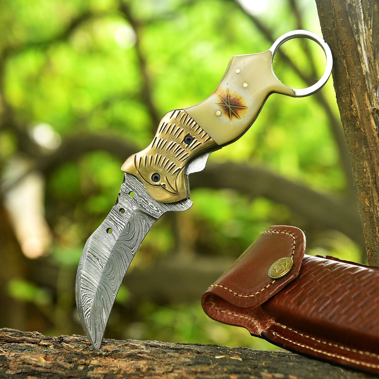 Traditional Handmade Damascus Folding Knife Camel Bone Eagle Engraved
