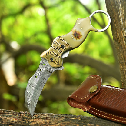 Traditional Handmade Damascus Folding Knife Camel Bone Eagle Engraved