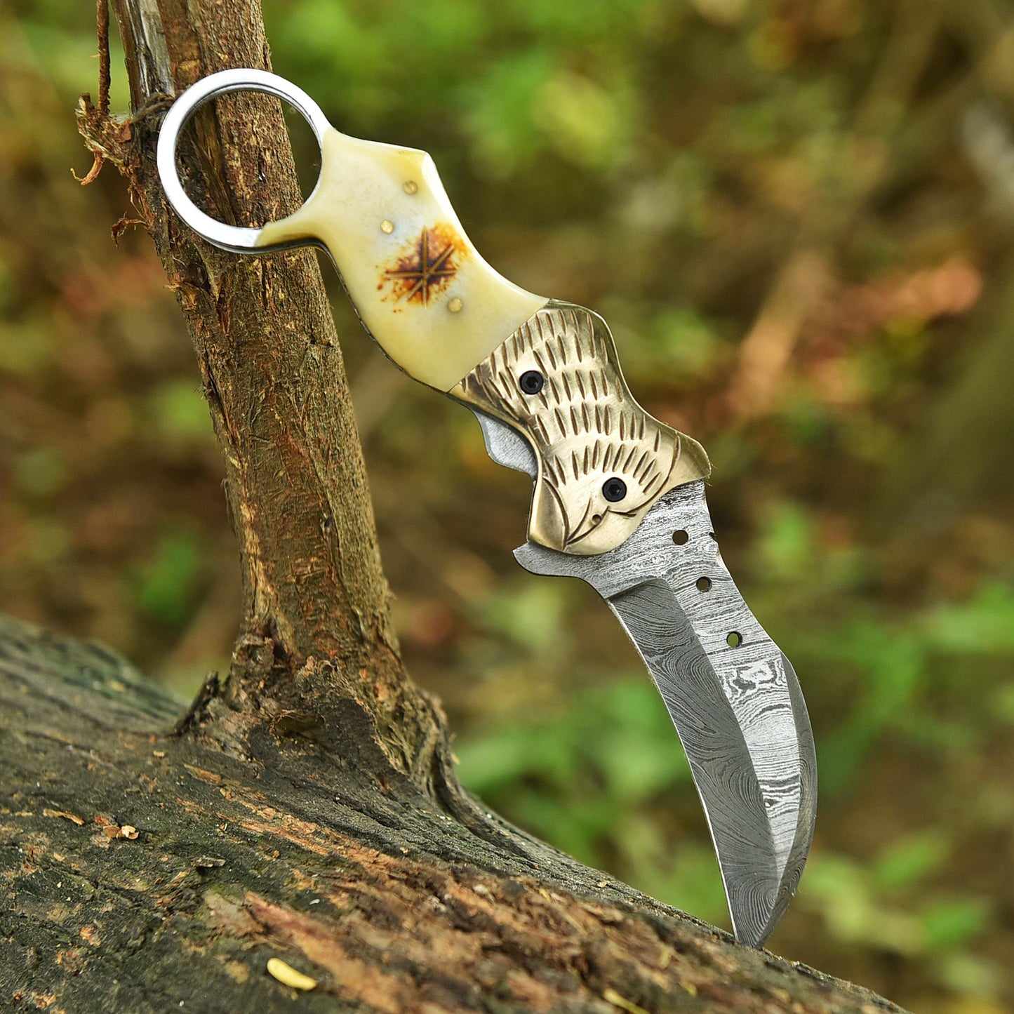 Traditional Handmade Damascus Folding Knife Camel Bone Eagle Engraved