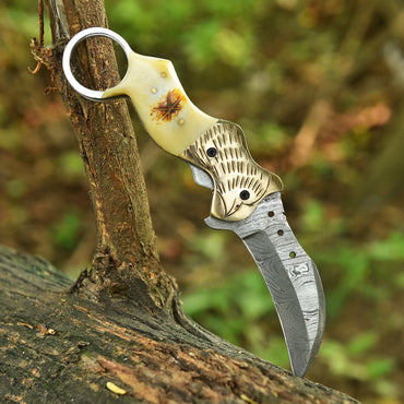 Traditional Handmade Damascus Folding Knife Camel Bone Eagle Engraved